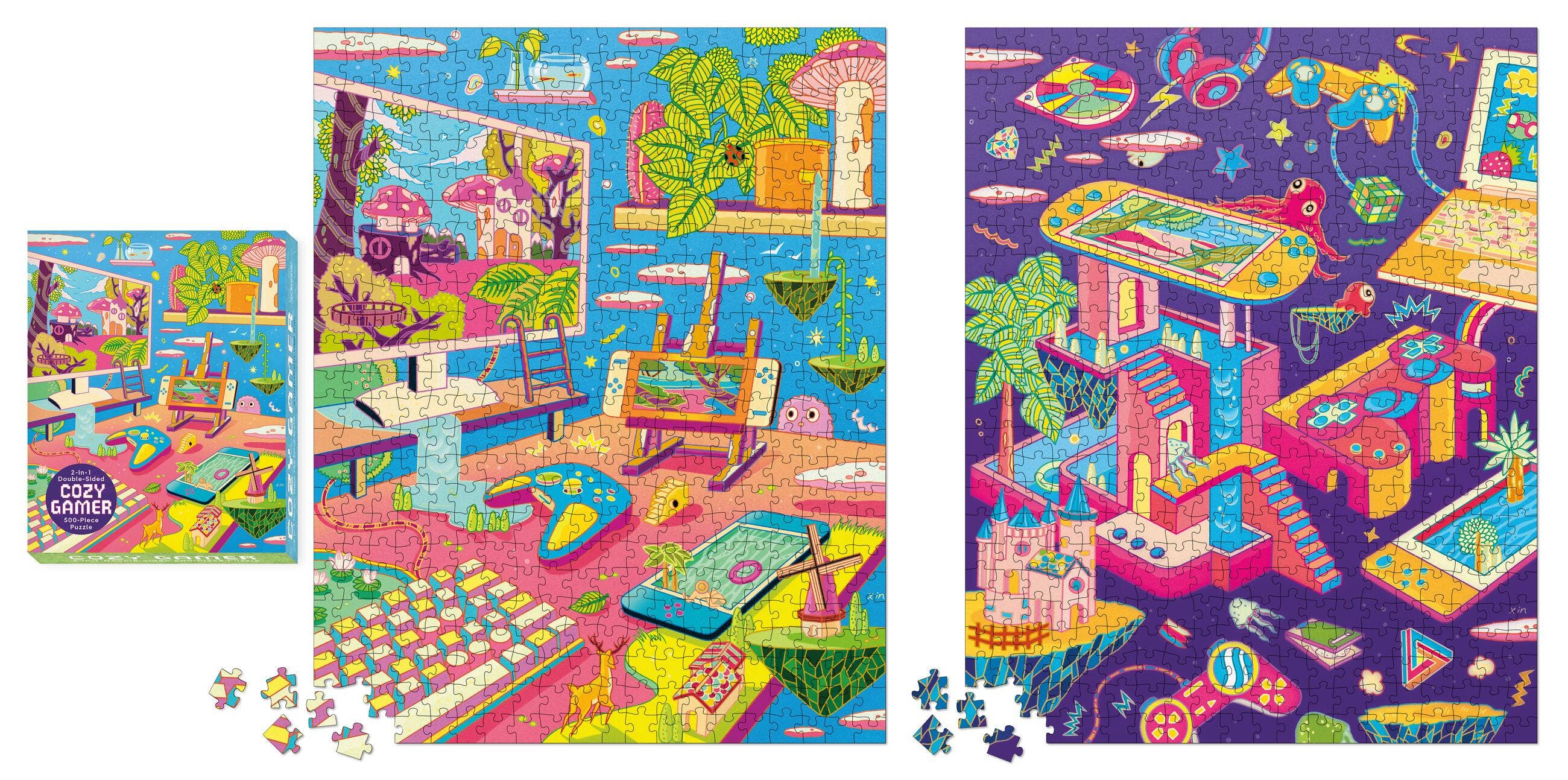 Cozy Gamer 2-in-1 Puzzle, 500 pieces, double-sided with colorful desk, plants, and fantasy floating accents.