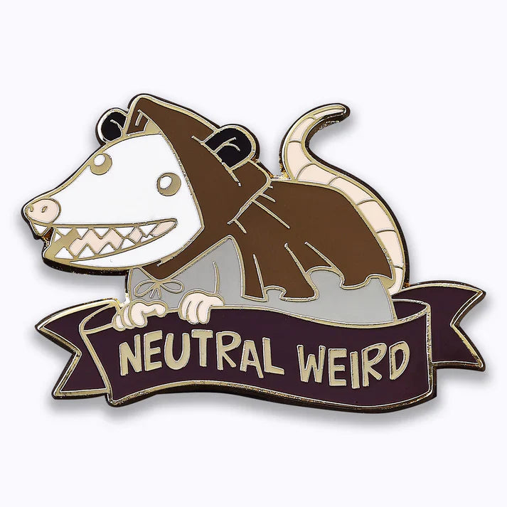 Quests Reward Fine Art Pins: Neutral Weird Opossum enamel pin with opossum in brown cloak holding a banner.
