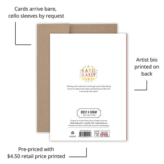 Back of Autumn Flutter Birthday Card with brown envelope, artist bio, price, and note about optional cello sleeves.