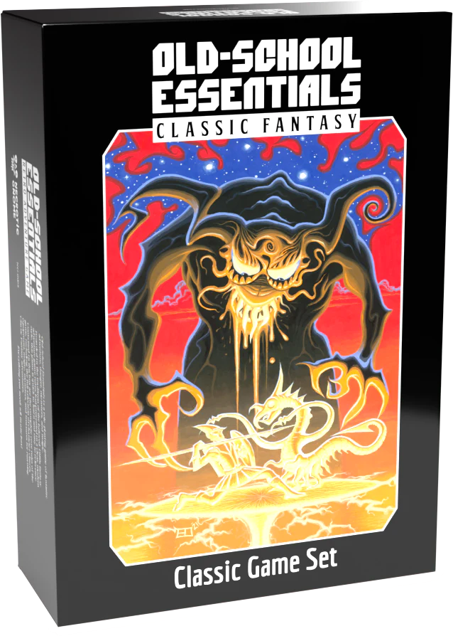 Old School Essentials OSE Classic Game Boxed Set 5E with cover art showing a demon over a white dragon.