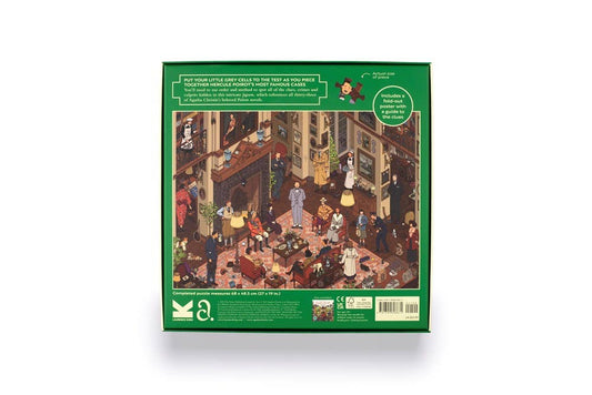 Back of The World of Hercule Poirot 1000 Piece Puzzle with illustrated Victorian living room scene.