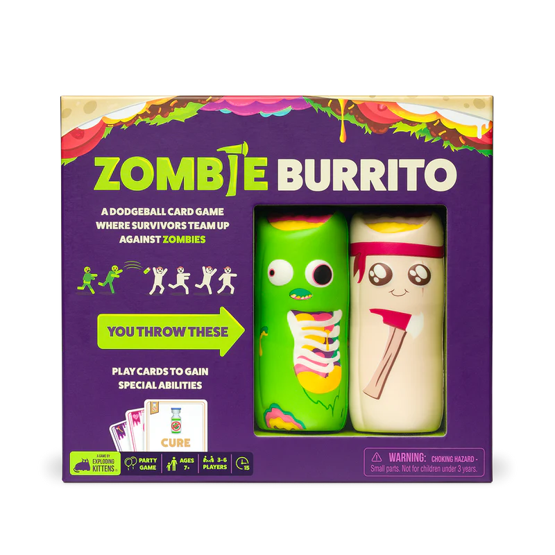 Zombie Burrito party game box with two plush burritos and game details on the front.