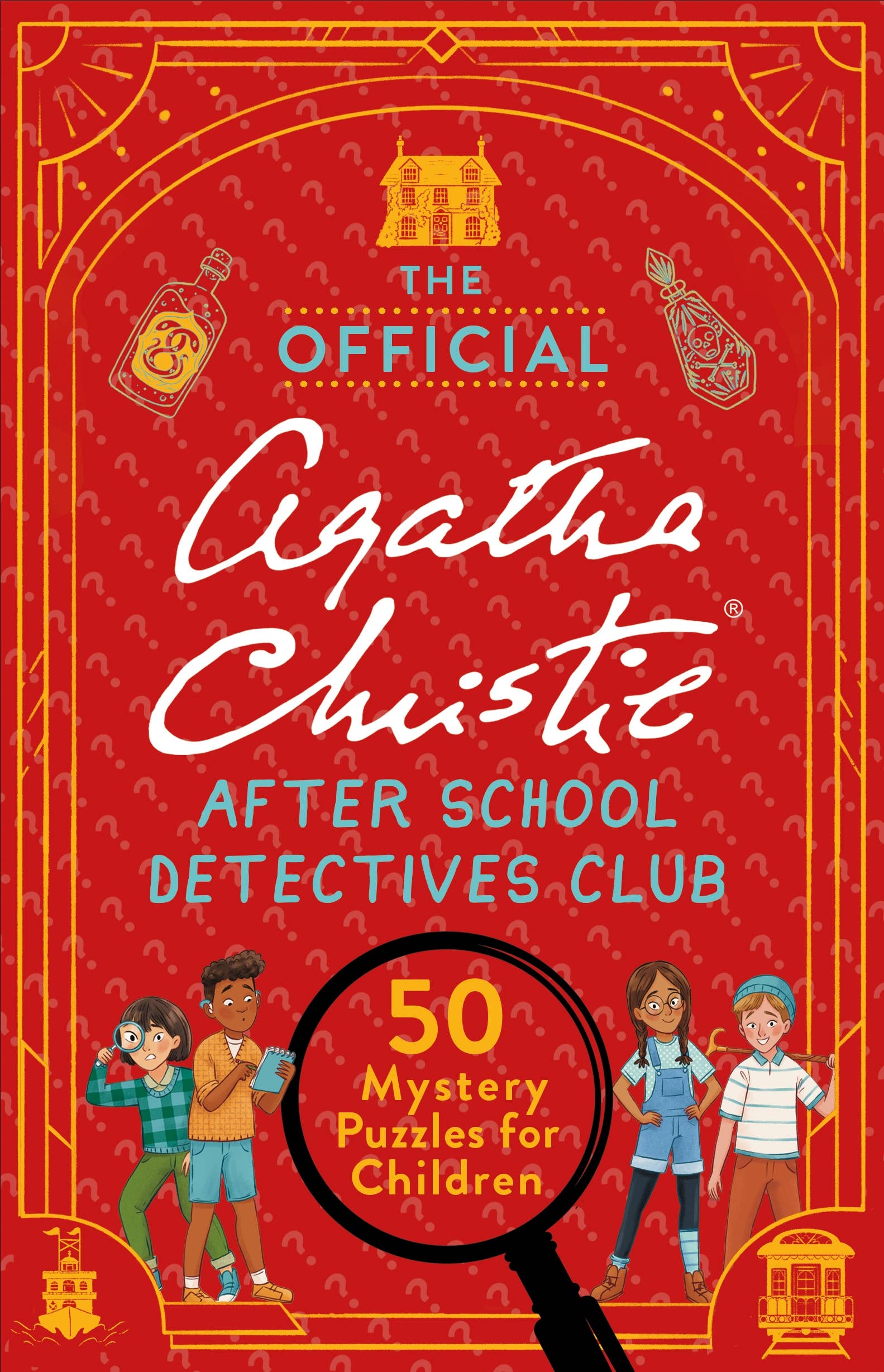 Agatha Christie After School Detectives Club mystery puzzles, red cover with four kids holding detective items.