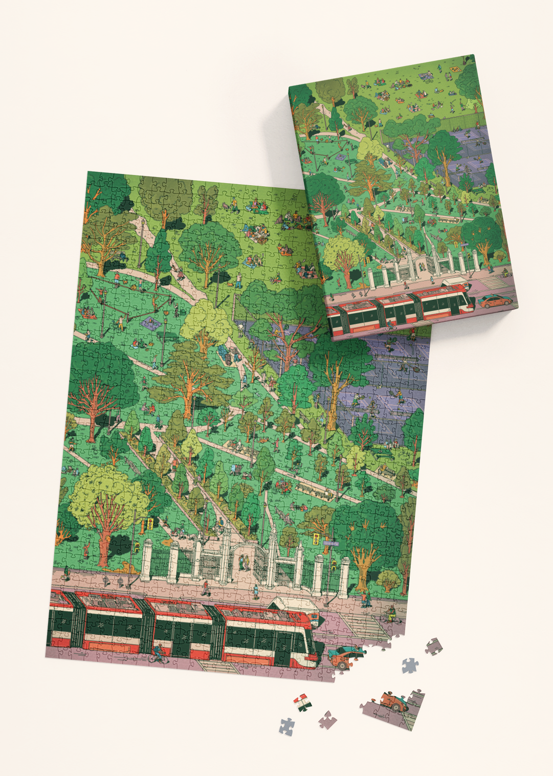 Trinity Bellwoods 1000-piece puzzle by Kathleen Fu completed, with box and extra pieces shown nearby.