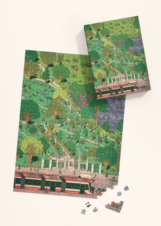 Trinity Bellwoods 1000-piece puzzle by Kathleen Fu completed, with box and extra pieces shown nearby.