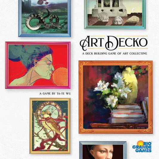 Art Decko game box with painting collectors, framed art, and Rio Grande Games logo in the bottom right corner.