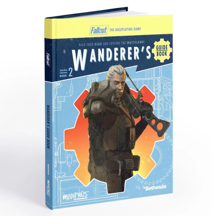 Fallout RPG: Wanderers Guide Book with a gun-wielding character on a blue cover.