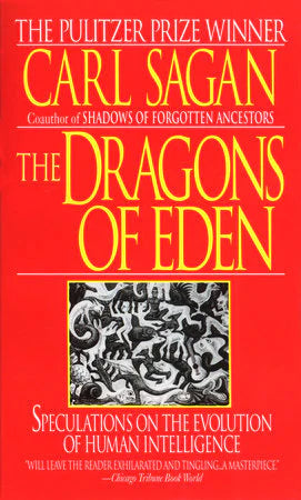 Dragons of Eden book cover with yellow and red text and illustration of ancient human intelligence.