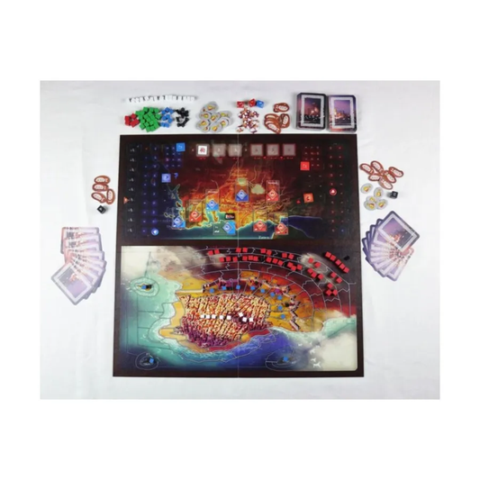 Freedom siege game components: cards, tokens, and two boards on a white surface.