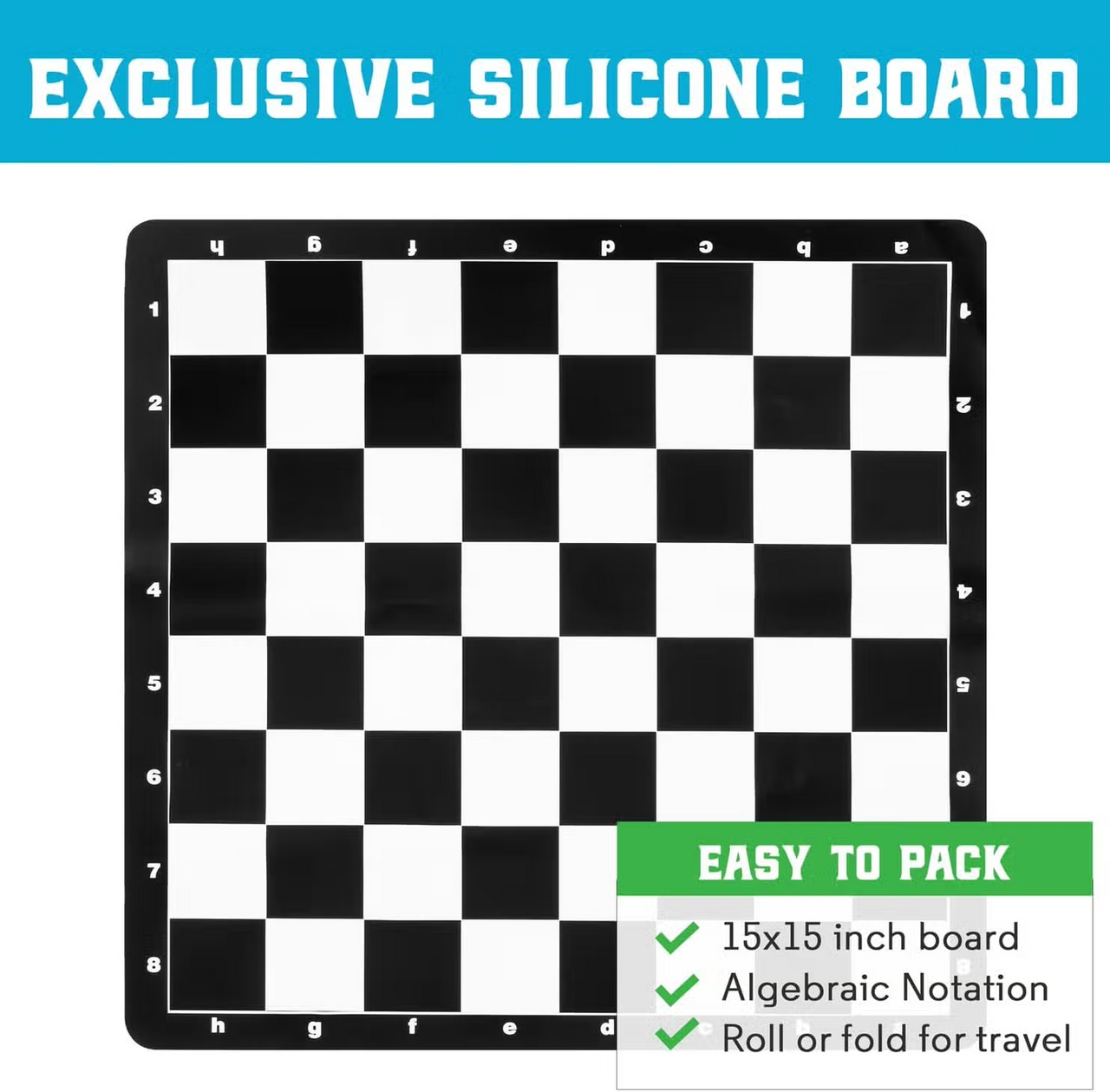 Travel Best Chess Set Ever with 15x15 silicone board featuring algebraic notation.