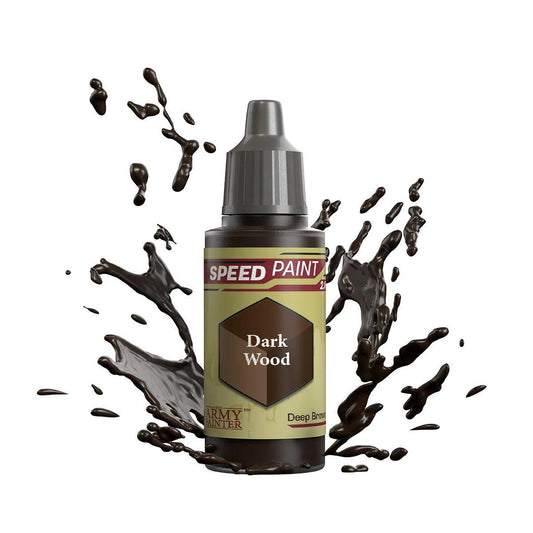 Army Painter Speedpaint Dark Wood bottle with brown paint splashing.