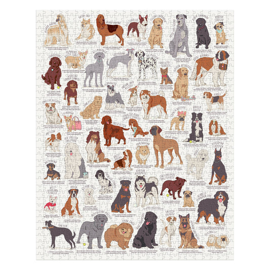 Dog Lovers 1000 Piece Jigsaw Puzzle featuring rows of illustrated dog breeds with breed names labeled.