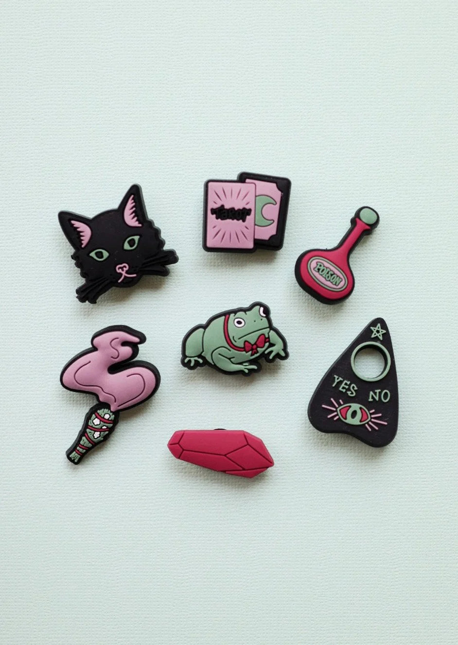 WITCH ESSENTIALS II SHOE JIBBITZ set with 8 pastel pins: cat, toad, potion, crystals, planchette, cards, cigarette, bandage.