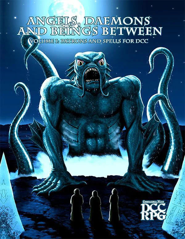 DCC Angels, Daemons and Beings Between cover showing a blue creature emerging from water with hooded figures nearby.