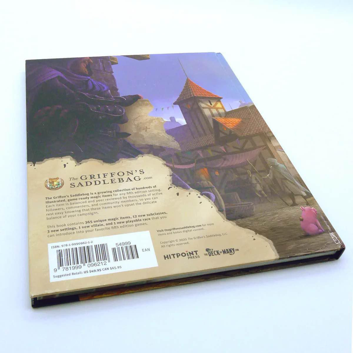 Back cover of The Griffons Saddlebag Book One for D&D 5E, showing fantasy art, magic items, and a barcode.