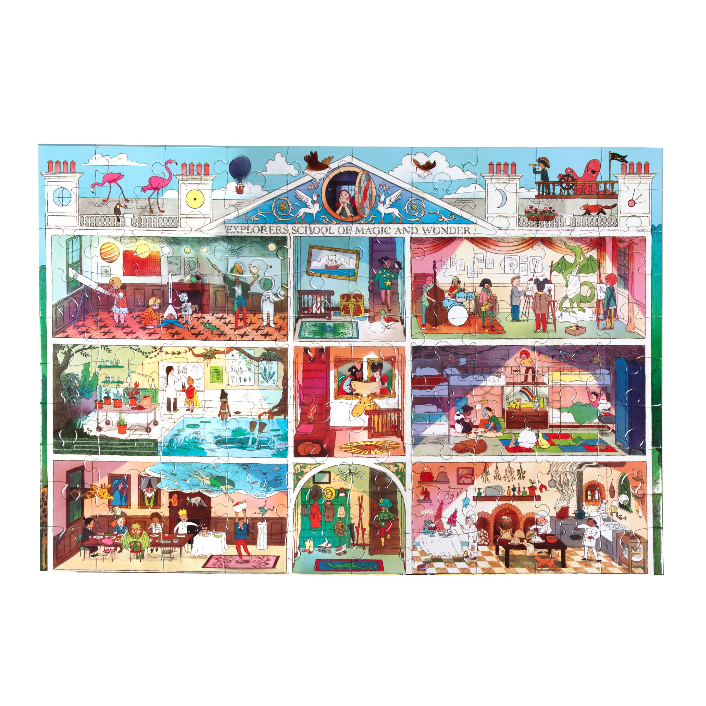 Explorers School of Magic 100 Piece Puzzle featuring a cross-section with rooms, people, and magical creatures.