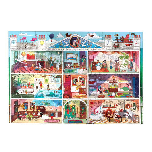 Explorers School of Magic 100 Piece Puzzle featuring a cross-section with rooms, people, and magical creatures.