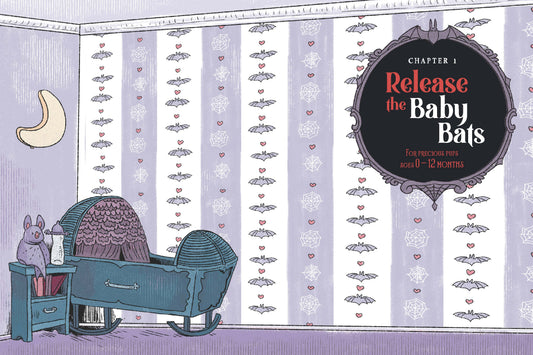 Goth Parenting milestone cards featuring bat in cradle, toy, and crescent moon designs for purple nursery.
