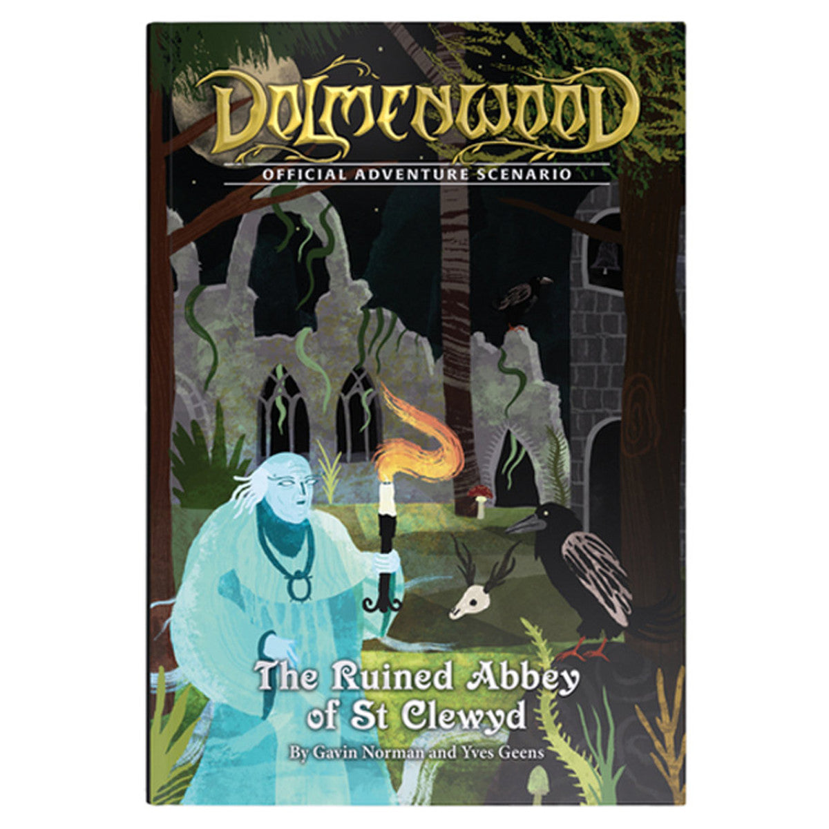 Dolmenwood Official Adventure: The Ruined Abbey of St Clewyd cover featuring a robed figure with a torch before ruins.