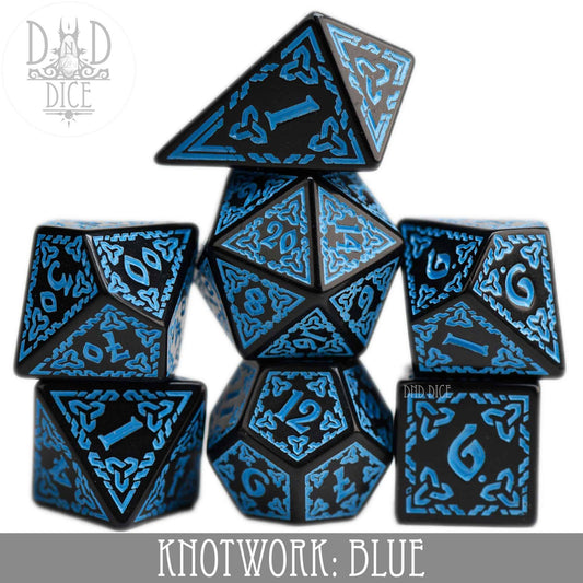 Knotwork: Blue 7-dice set in blue and black with knotwork design; includes a teardrop-shaped D4 die.