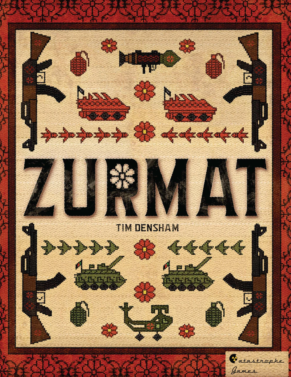 Zurmat two-player tactical war game with rug-style pattern, tanks, guns, and helicopters.