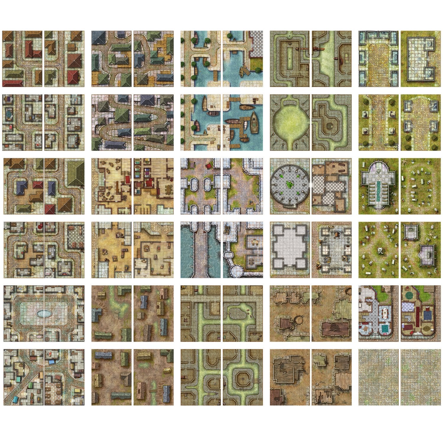 Giant Book of Battle Mats – Streets, Sewers & Cemeteries with 40 map tiles featuring buildings, roads, and urban terrain.