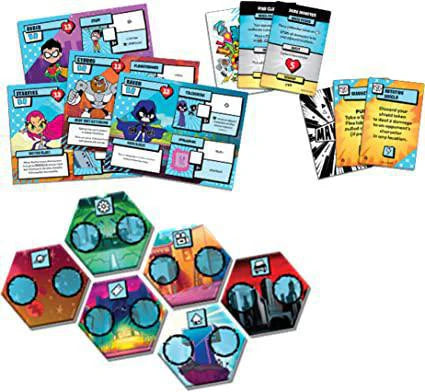 Teen Titans Go Mayhem board game with team, character and action cards, hex tiles, tokens, and score points.