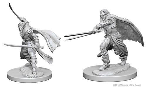Two D&D: NMU: Elf Male Ranger W1 plastic miniatures, cloaked with swords drawn, on round bases.