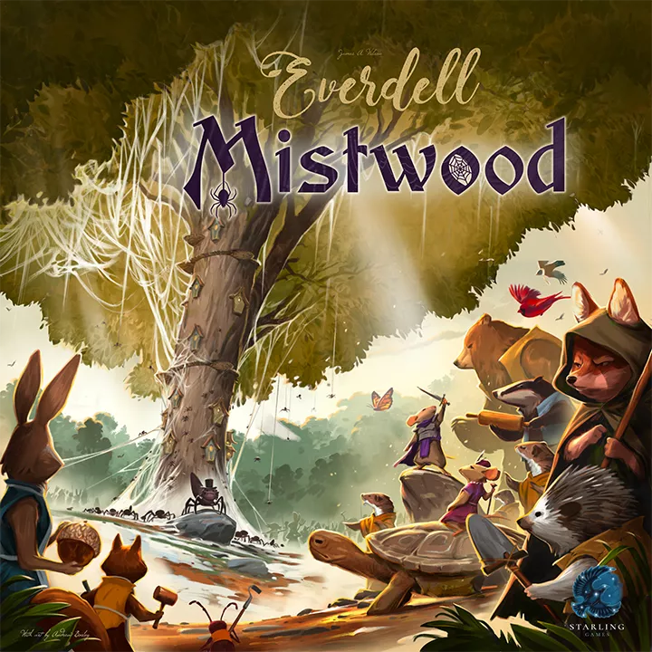 Everdell Mistwood expansion with illustrated critter meeples and a large tree featuring spider webs.