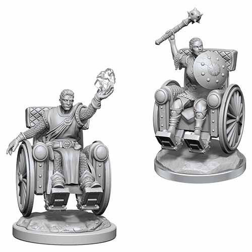 D&D NMU Human Clerics W18 miniatures: two armored wheelchair users, one casting, one with mace and shield.