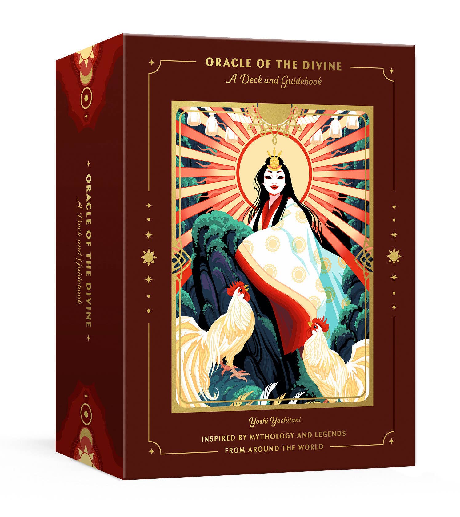 Oracle of the Divine oracle deck box featuring woman in white robes, roosters, and sun rays.
