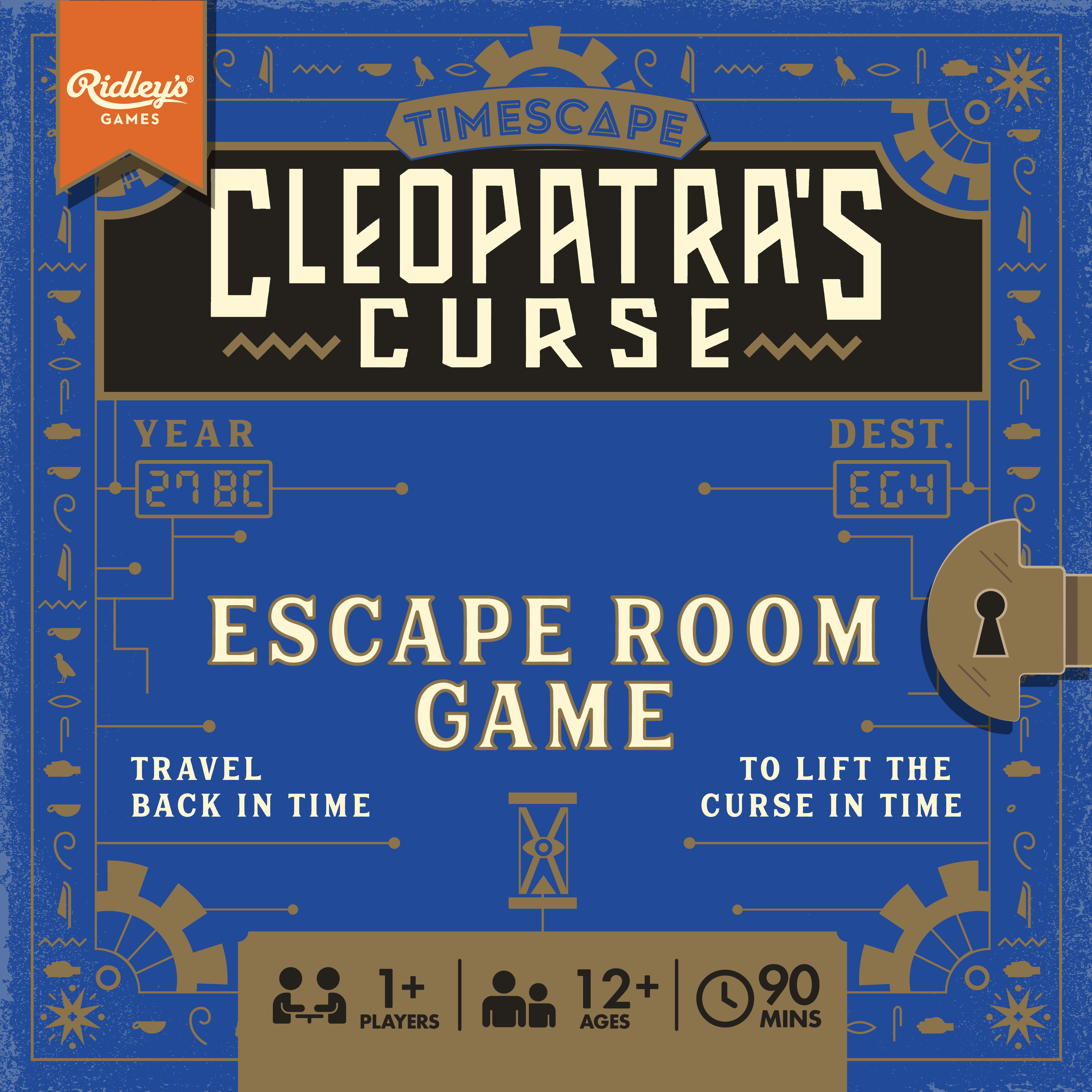 Blue Timescape: Cleopatra’s Curse Escape Room Game box with Egyptian-style design and puzzle elements.