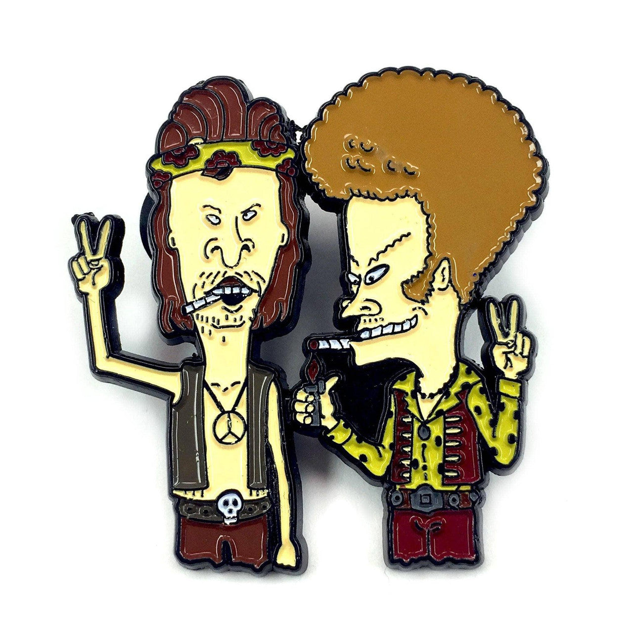 Kolorspun Hippie Beavis and Butthead enamel pin showing 70s style cartoon characters making peace signs.