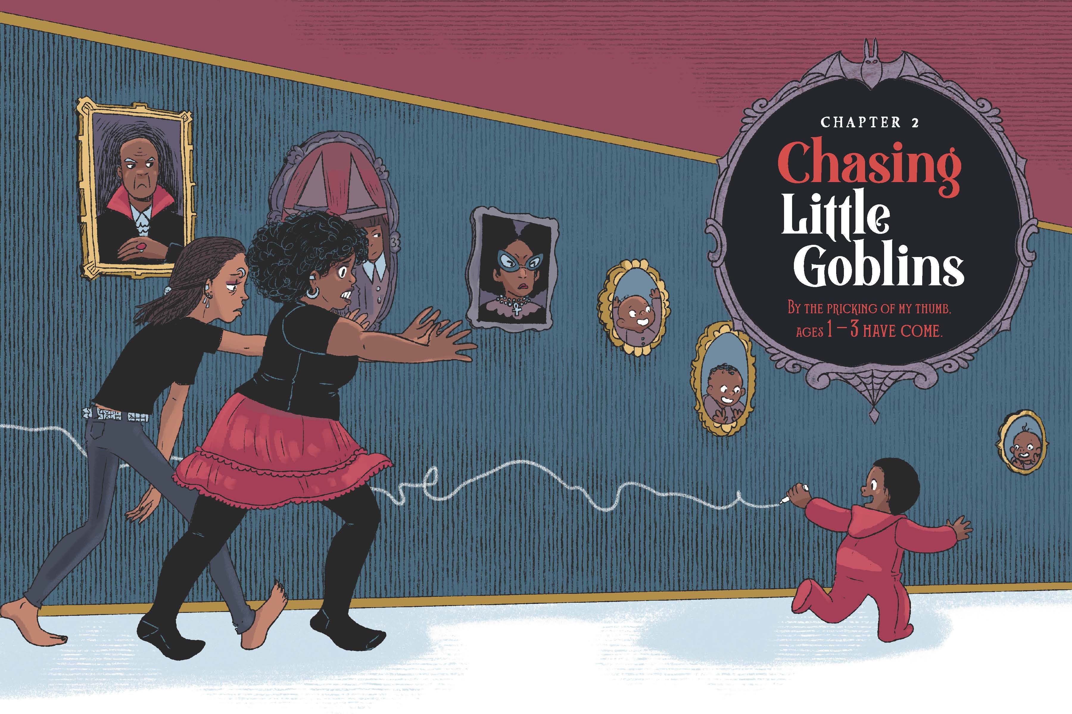 Two women chasing a toddler in red pajamas with the text “Goth Parenting” displayed.