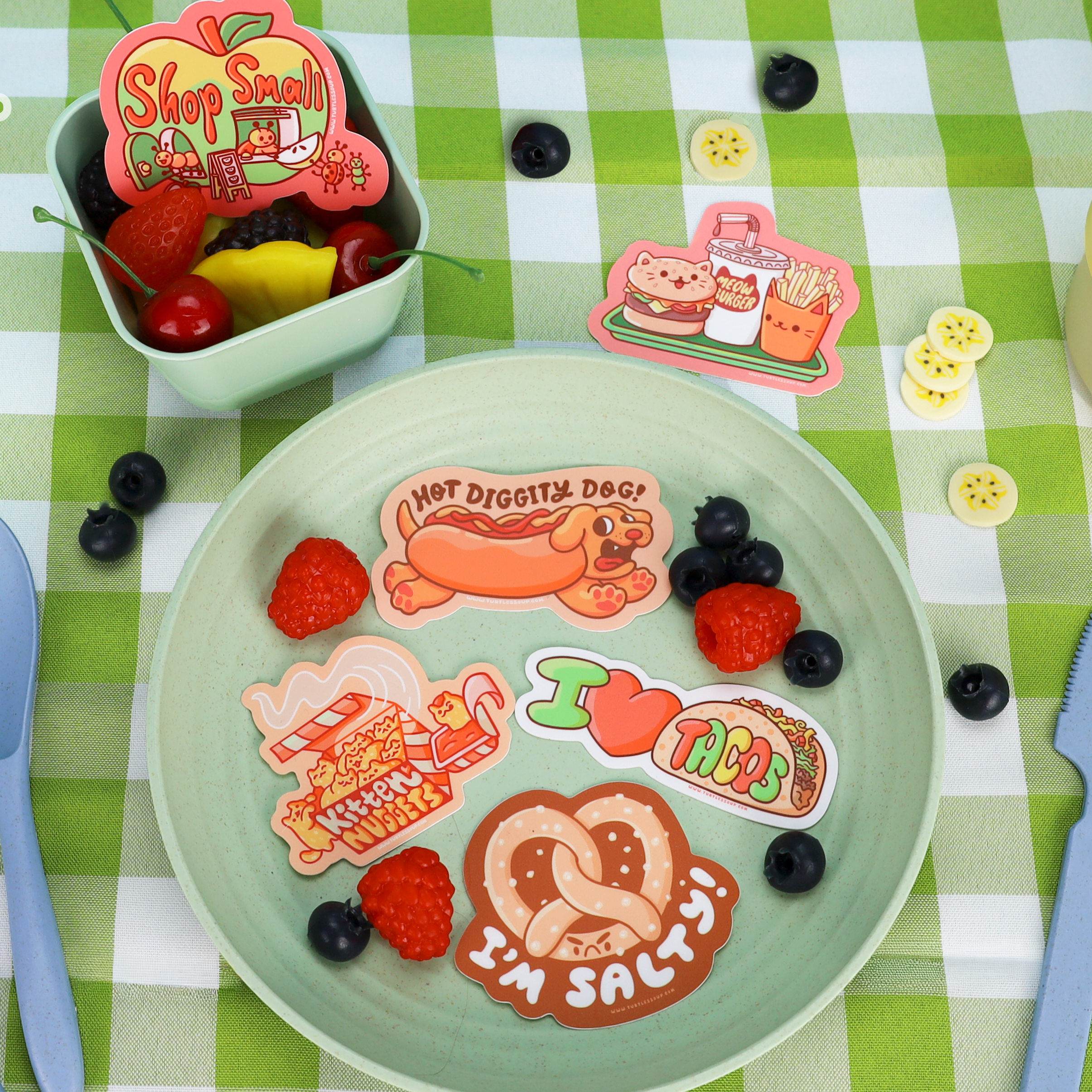 Shop Small Little Guys Vinyl Sticker with colorful food-themed designs.