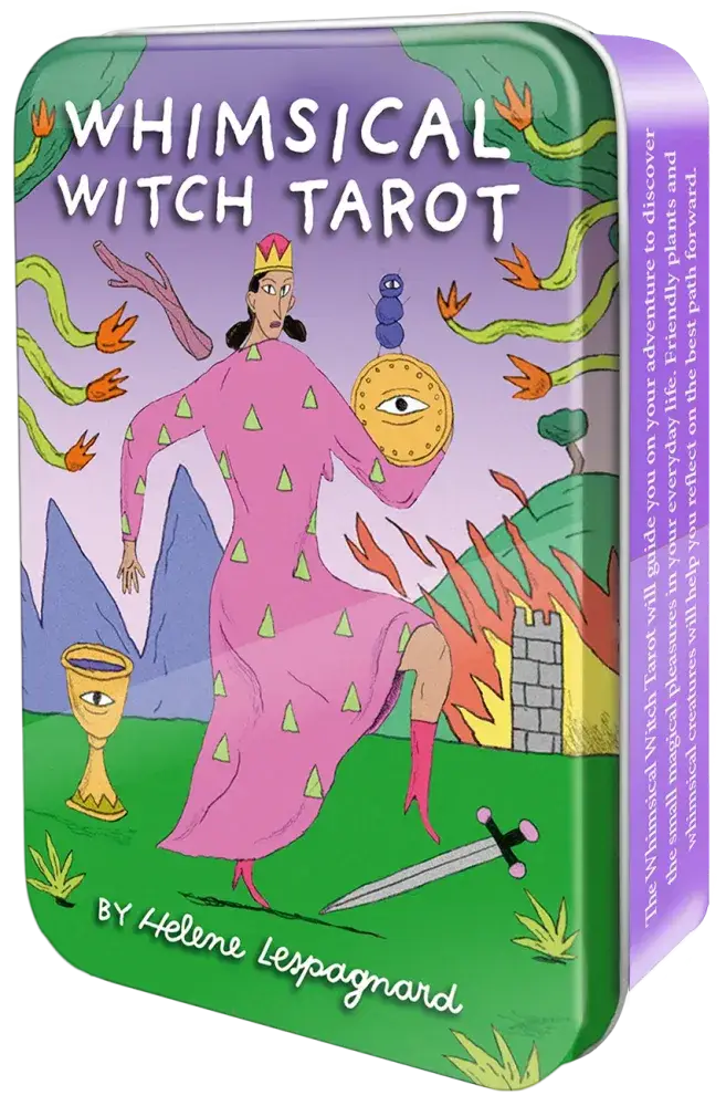 Whimsical Witch Tarot in a Tin, pink-robed witch with floating objects, flames, and occult symbols on purple background.