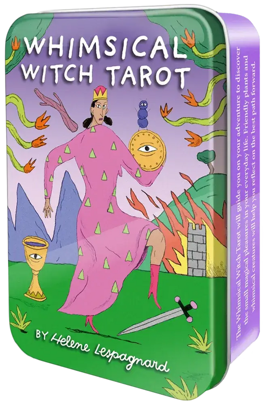Whimsical Witch Tarot in a Tin, pink-robed witch with floating objects, flames, and occult symbols on purple background.