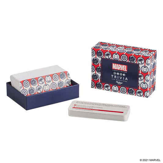 Marvel Trivia game box with cards partially visible, each displaying red, white, and blue superhero icons.