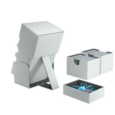 Stronghold 200+ Card Box, white modular storage with drawers for double-sleeved cards and colorful dice.