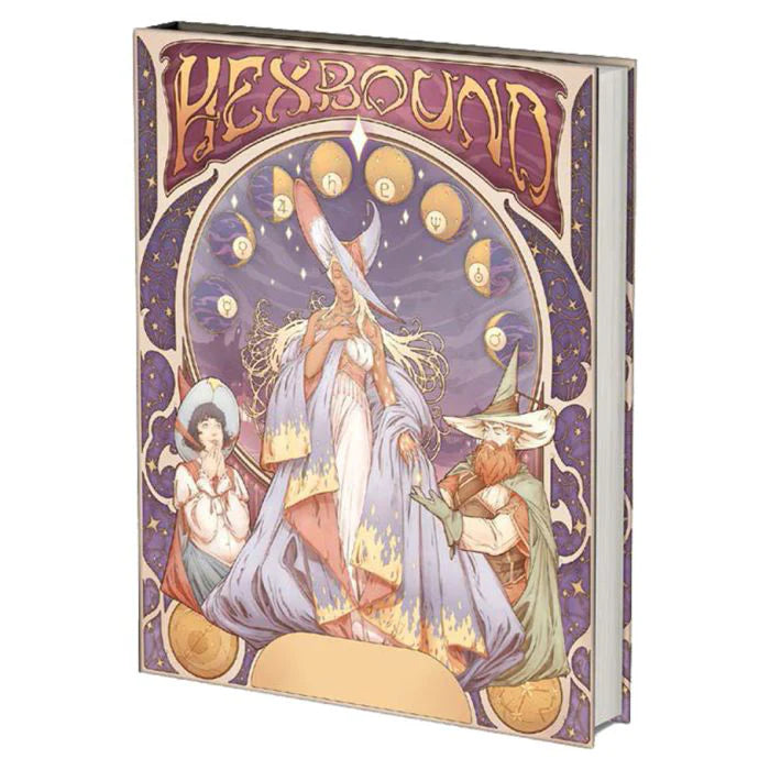 Hexbound Deluxe Edition book featuring a fantasy cover with three wizards in robes, inspired by 5E witch subclasses.