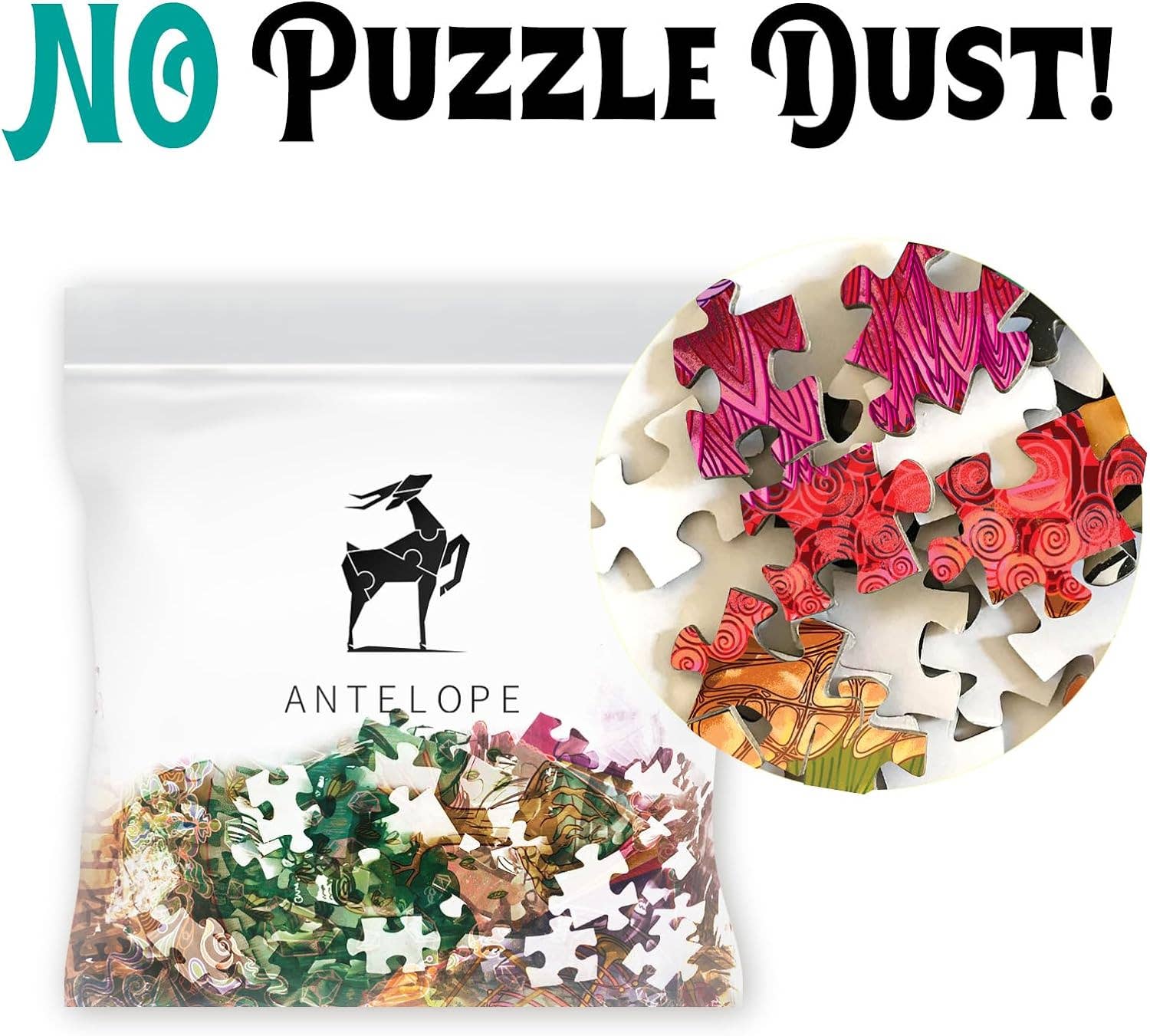 Hue Wormhole 1000 Piece Jigsaw Puzzle in clear bag with inset and “NO Puzzle Dust” text at the top.