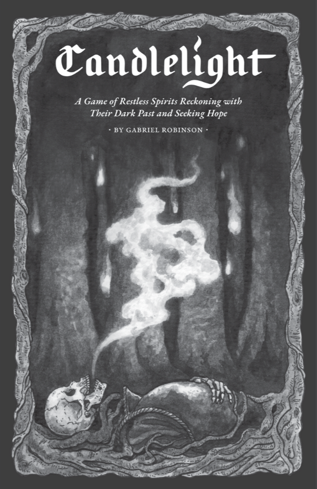 Candlelight dark fantasy RPG cover featuring a skull, bones, rising smoke, gothic text, and ornate border.