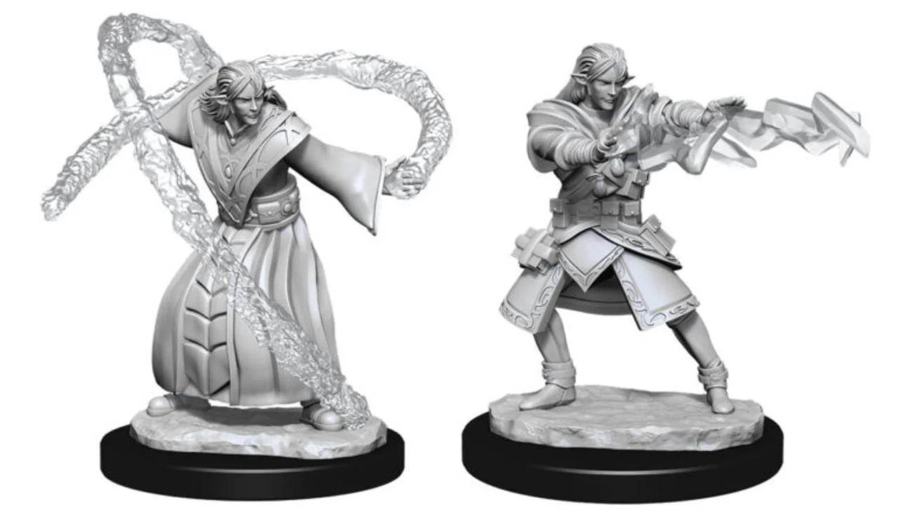 Two unpainted D&D NMU Elf Female Wizard W3 miniatures with magical effects and flowing robes on round bases.