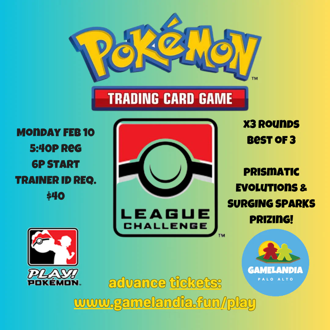Pokemon League Challenge SENIORS 2025 February poster with date, time, entry fee, and CP details on blue background.