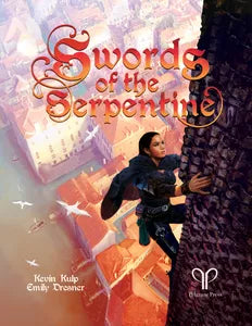 The Swords of the Serpentine game book cover with a woman climbing a stone wall above a city.
