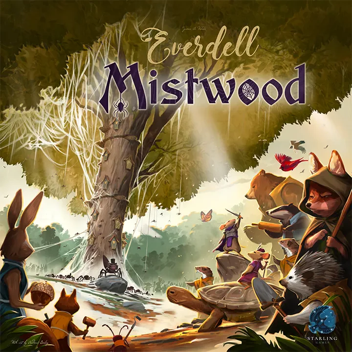 Everdell Mistwood critter meeples displayed; anthropomorphic animals by a large tree with webs in a fantasy forest.