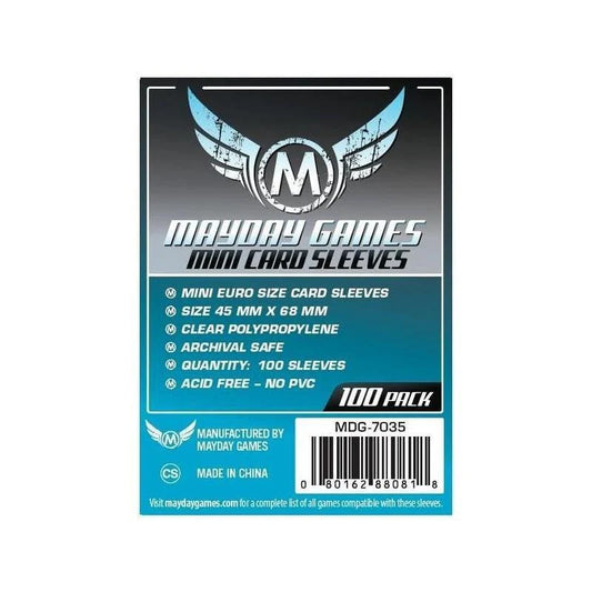 Game sleeves 45mm x 68mm, 100 pack for Frosthaven, archival safe, in blue and black packaging.