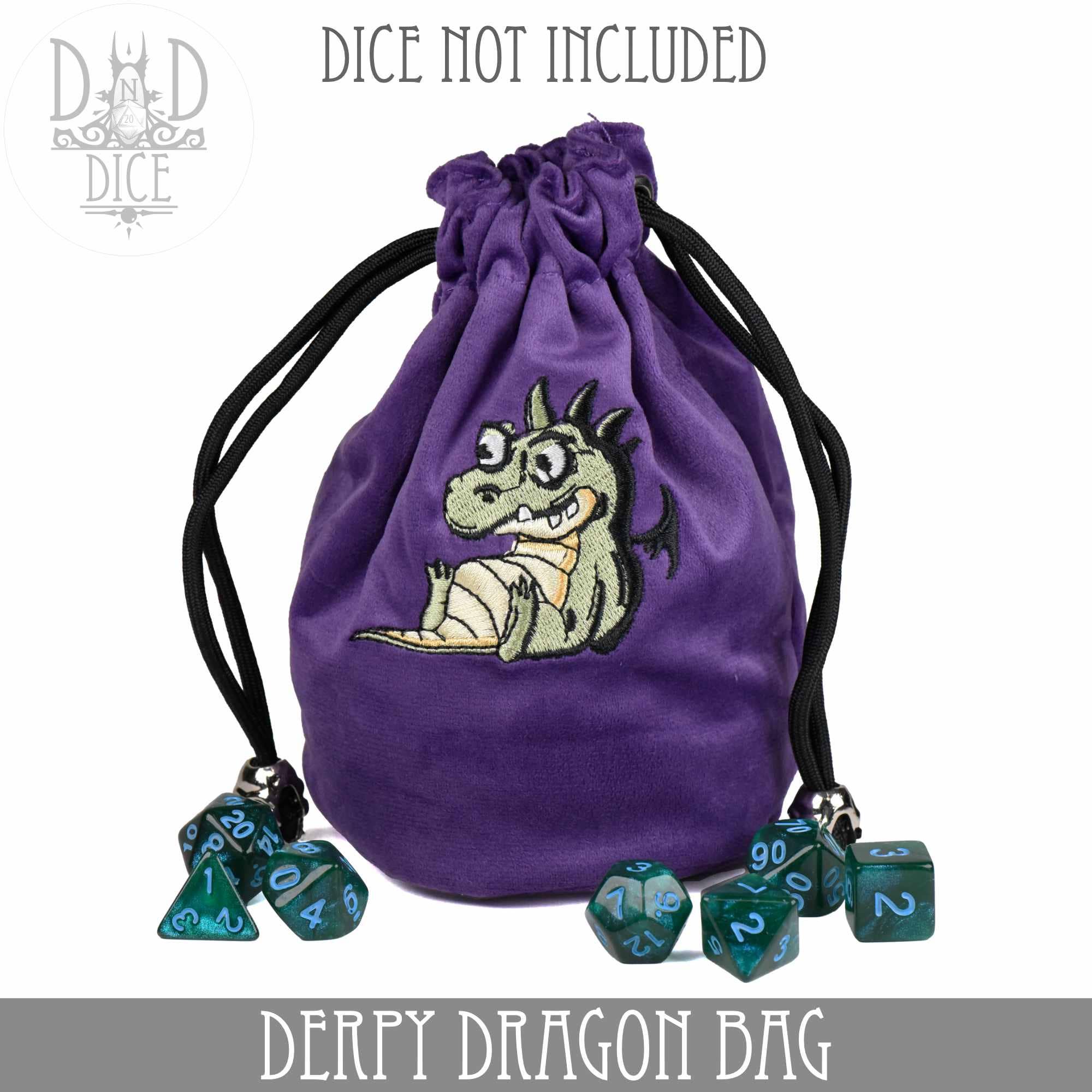 Flannel Derpy Dragon Bag with embroidered cartoon dragon and teal dice accents; dice not included.