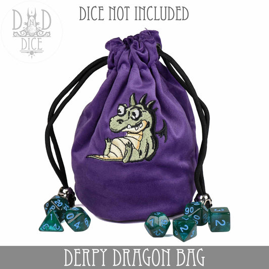Flannel Derpy Dragon Bag with embroidered cartoon dragon and teal dice accents; dice not included.
