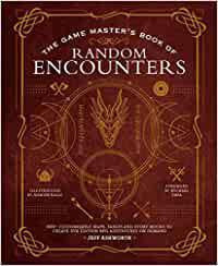 D&D 5E Book of Random Encounters, red cover with gold symbols, dragon, and GM encounter tables.